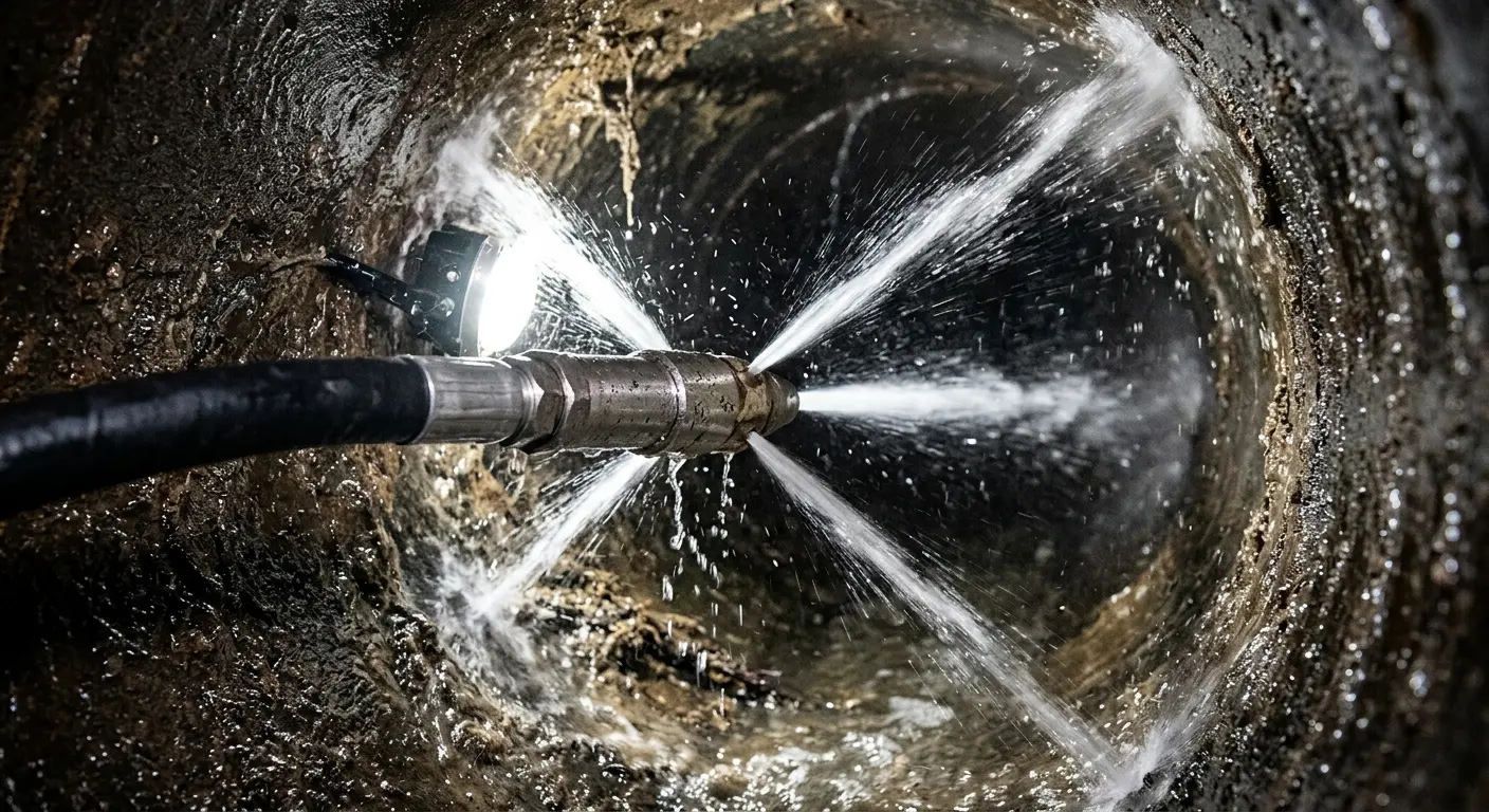 High-pressure hydro jetting nozzle cleaning sewer pipe for Emergency Drain Service in North Port
