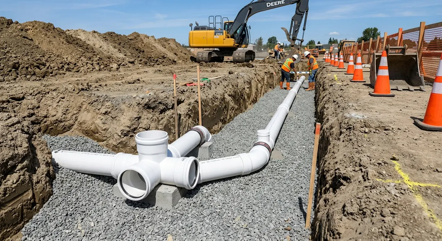 New PVC sewer pipe installation in open trench for Sewer Camera Inspection in North Port
