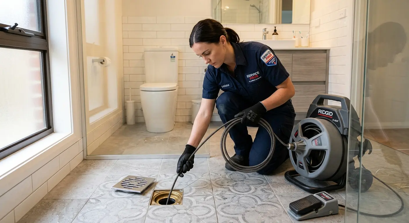 Technician clearing a bathroom floor drain for Hydro Jetting in North Port